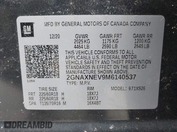 2021 Chevrolet Equinox Premier z VIN 2GNAXNEV9M6140537, wystawiony jako IAAI lot #42016514 z przebiegiem 52 237 mil mil oraz . Historia ofert i sprzedaży dostępna na DreamBid. Obrazek 9.