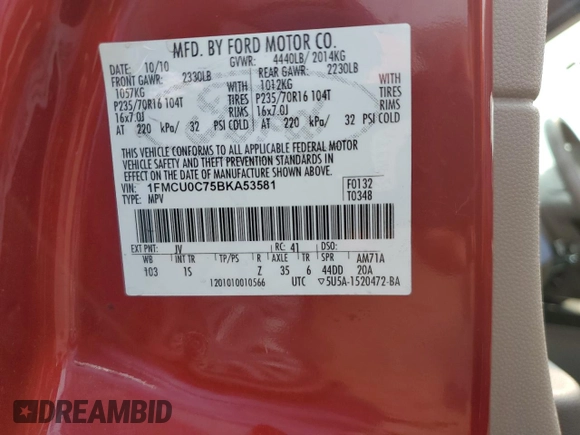 2011 Ford Escape XLS with VIN 1FMCU0C75BKA53581, listed as a Copart auction lot 59046365 with 135,134 mi miles and Salvage title. Bid and sale history available at DreamBid. Image 13.