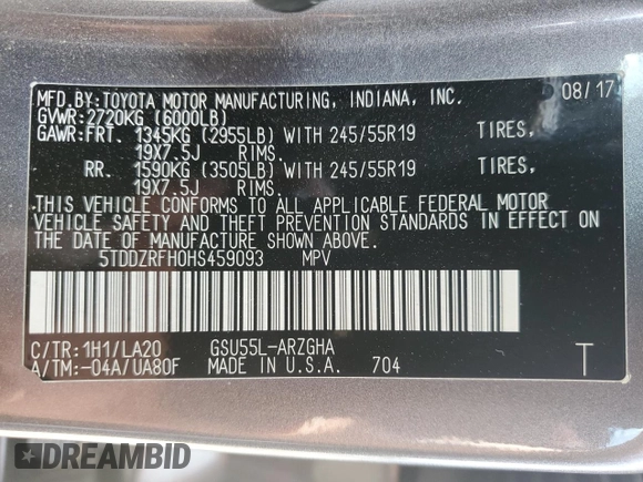 2017 Toyota Highlander Limited z VIN 5TDDZRFH0HS459093, wystawiony jako Copart lot #54344505 z przebiegiem 122 808 mil mil oraz Szkoda całkowita • Salvage title. Historia ofert i sprzedaży dostępna na DreamBid. Obrazek 14.