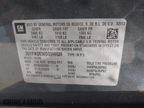 2013 Cadillac SRX Performance Collection with VIN 3GYFNDE38DS598028, listed as a IAAI auction lot 41452362 with 201,261 mi miles and . Bid and sale history available at DreamBid. Image 9.