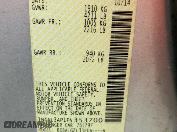 2015 Nissan Altima 2.5 with VIN 1N4AL3AP1FN353700, listed as a Copart auction lot 59236825 with 133,111 mi miles and Salvage title. Bid and sale history available at DreamBid. Image 12.