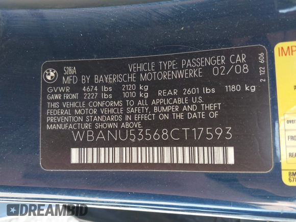2008 BMW 5 Series 528i with VIN WBANU53568CT17593, listed as a IAAI auction lot 41740603 with 133,673 mi miles and . Bid and sale history available at carsss.com. Image 9.