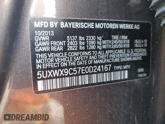 2014 BMW X3 xDrive28i with VIN 5UXWX9C57E0D24167, listed as a Copart auction lot 52796105 with Not Provided miles and Clean Title. Bid and sale history available at DreamBid. Image 12.