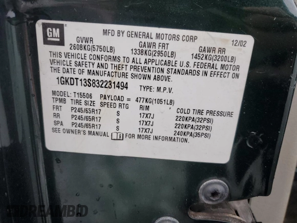 2003 GMC Envoy SLT with VIN 1GKDT13S832231494, listed as a Copart auction lot 45023575 with 0 mi miles and Salvage Title. Bid and sale history available at carsss.com. Image 15.