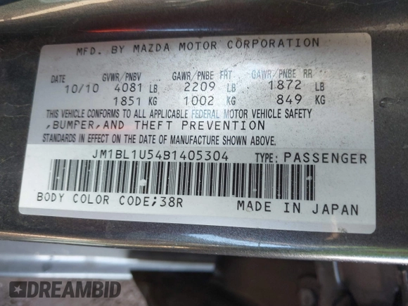2011 Mazda Mazda3 s Sport with VIN JM1BL1U54B1405304, listed as a IAAI auction lot 41396147 with 144,402 mi miles. Bid and sale history available at carsss.com. Image 9.