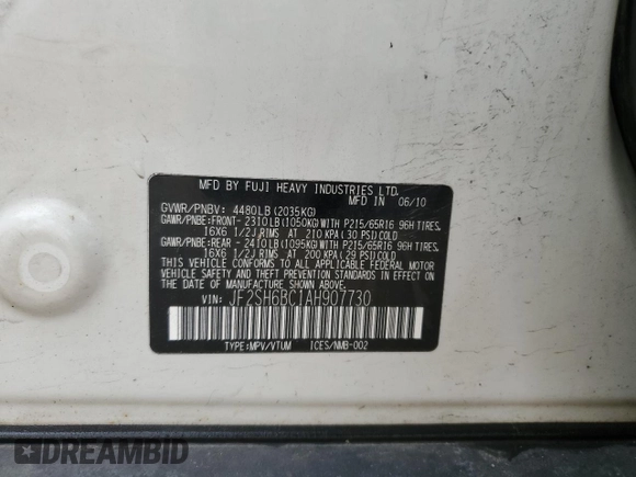 2010 Subaru Forester X with VIN JF2SH6BC1AH907730, listed as a Copart auction lot 58852705 with 144,283 mi miles and Salvage title. Bid and sale history available at DreamBid. Image 12.