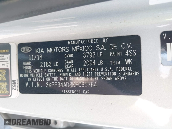2019 Kia Forte S with VIN 3KPF34AD8KE065764, listed as a IAAI auction lot 41993083 with 155,298 mi miles and . Bid and sale history available at carsss.com. Image 9.