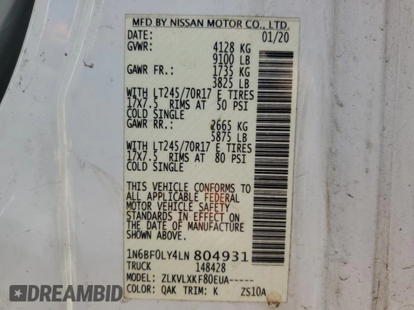2020 Nissan NV Cargo SV with VIN 1N6BF0LY4LN804931, listed as a Copart auction lot 44829975 with 215,221 mi miles and Salvage title. Bid and sale history available at DreamBid. Image 14.