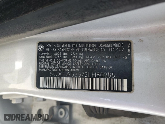 2002 BMW X5 3.0i with VIN 5UXFA53572LH80285, listed as a Copart auction lot 51798165 with 221,340 mi miles and Clean Title. Bid and sale history available at carsss.com. Image 13.