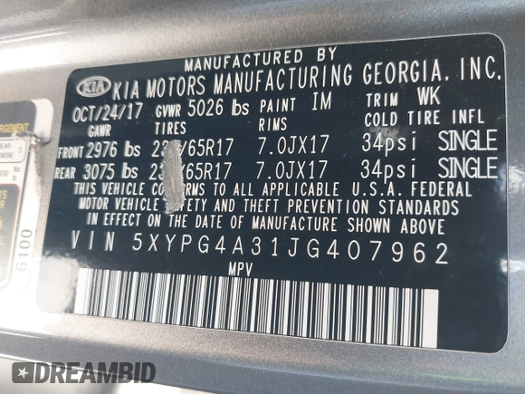 2018 Kia Sorento LX with VIN 5XYPG4A31JG407962, listed as a IAAI auction lot 41774715 with 155,338 mi miles. Bid and sale history available at carsss.com. Image 9.