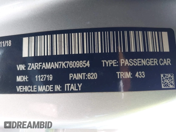 2019 Alfa Romeo Giulia z VIN ZARFAMAN7K7609854, wystawiony jako IAAI lot #42086641 z przebiegiem 45 398 mil mil oraz . Historia ofert i sprzedaży dostępna na DreamBid. Obrazek 9.