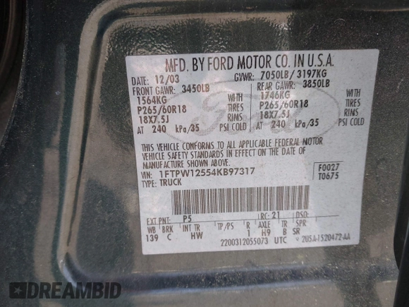 2004 Ford F-150 XLT with VIN 1FTPW12554KB97317, listed as a IAAI auction lot 42076458 with 234,619 mi miles. Bid and sale history available at carsss.com. Image 9.