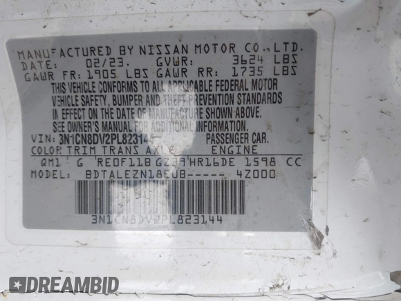 2023 Nissan Versa S с VIN 3N1CN8DV2PL823144, выставлен на аукционе IAAI как лот 41945612 с пробегом 21 126 миль миль и . История ставок и продаж доступна на DreamBid. Изображение 9.