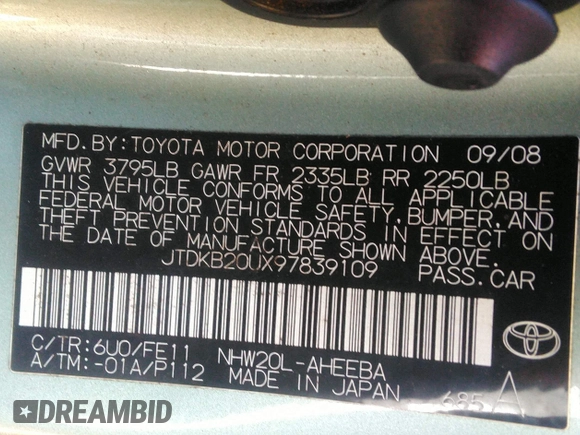 2009 Toyota Prius with VIN JTDKB20UX97839109, listed as a IAAI auction lot 42187878 with 237,613 mi miles. Bid and sale history available at carsss.com. Image 9.