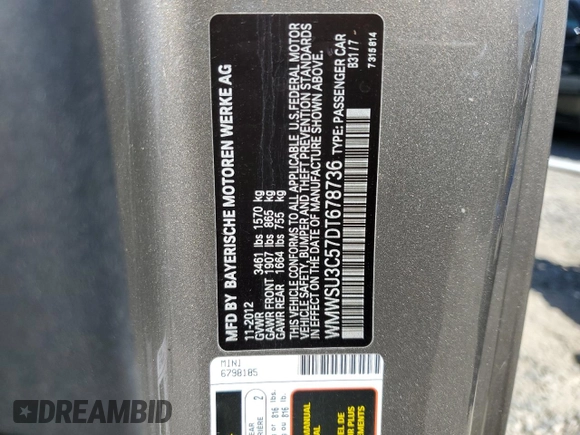2013 MINI Hardtop with VIN WMWSU3C57DT678736, listed as a Copart auction lot 52586285 with 64,563 mi miles and Salvage Title. Bid and sale history available at DreamBid. Image 12.