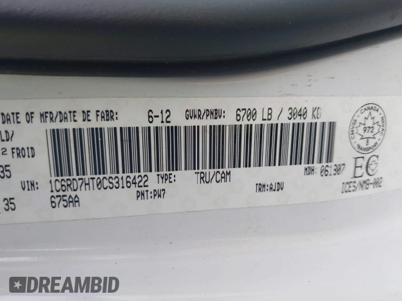 2012 Ram 1500 Sport with VIN 1C6RD7HT0CS316422, listed as a IAAI auction lot 42112459 with 153,026 mi miles and . Bid and sale history available at DreamBid. Image 9.