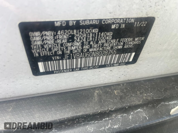 2022 Subaru WRX GT with VIN JF1VBAU60N8028755, listed as a Copart auction lot 50240085 with 15,177 mi miles and Clean title. Bid and sale history available at DreamBid. Image 10.