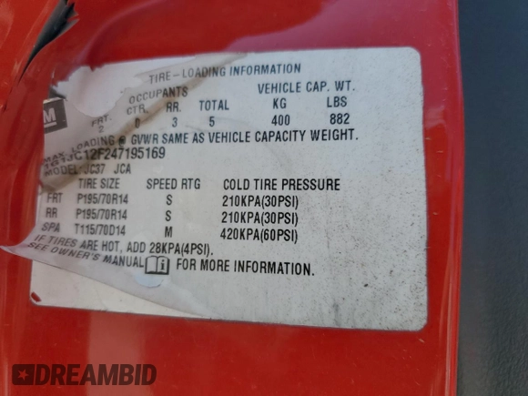2004 Chevrolet Cavalier with VIN 1G1JC12F247195169, listed as a Copart auction lot 52521815 with 124,438 mi miles and Salvage title. Bid and sale history available at DreamBid. Image 15.