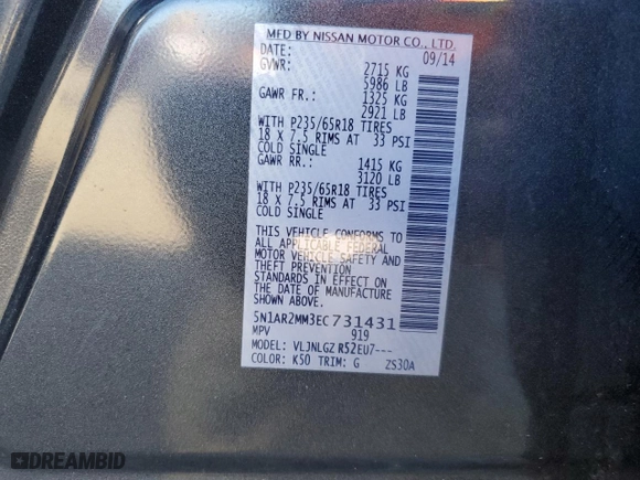 2014 Nissan Pathfinder SL with VIN 5N1AR2MM3EC731431, listed as a Copart auction lot 50502945 with NaN miles and Salvage Title. Bid and sale history available at carsss.com. Image 16.