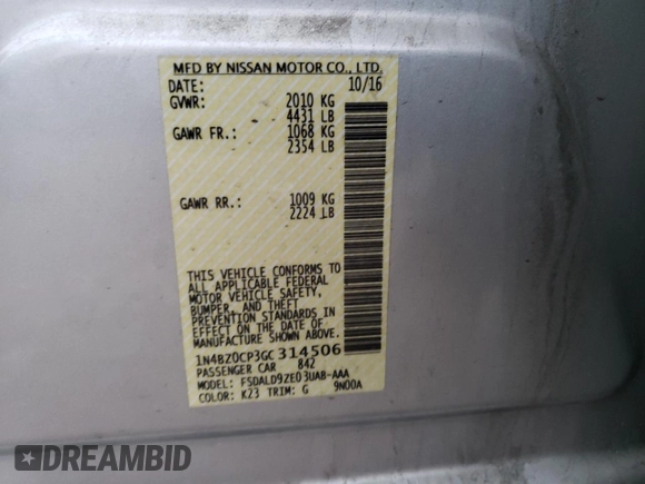 2016 Nissan LEAF S with VIN 1N4BZ0CP3GC314506, listed as a Copart auction lot 72103602 with 0 mi miles. Bid and sale history available at carsss.com. Image 14.