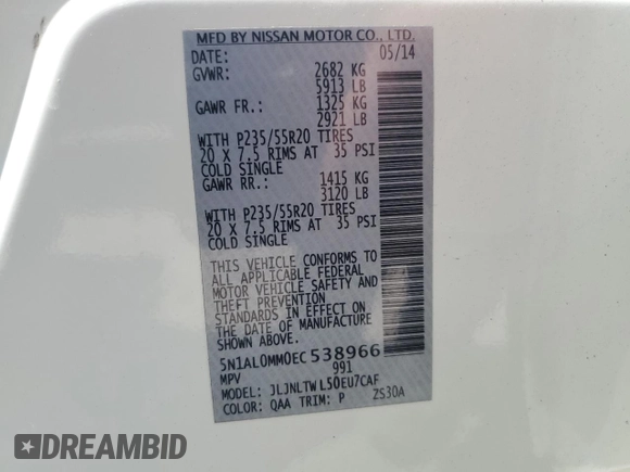 2014 Infiniti QX60 with VIN 5N1AL0MM0EC538966, listed as a Copart auction lot 60871735 with 99,479 mi miles and Salvage title. Bid and sale history available at DreamBid. Image 13.