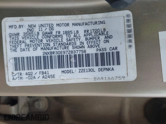 2007 Toyota Corolla CE with VIN 1NXBR30E97Z837758, listed as a IAAI auction lot 42072023 with 192,195 mi miles and . Bid and sale history available at DreamBid. Image 9.