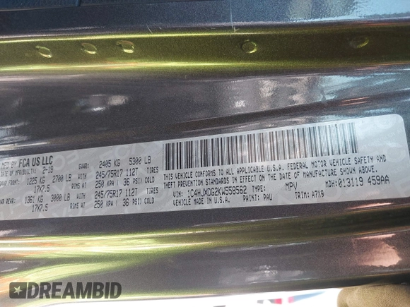 2019 Jeep Wrangler Unlimited Sport S with VIN 1C4HJXDG2KW558562, listed as a IAAI auction lot 42100717 with Not provided miles and . Bid and sale history available at DreamBid. Image 9.