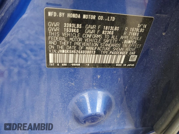 2016 Honda Fit LX with VIN JHMGK5H52GX038013, listed as a Copart auction lot 58164565 with 87,997 mi miles and Salvage title. Bid and sale history available at DreamBid. Image 14.