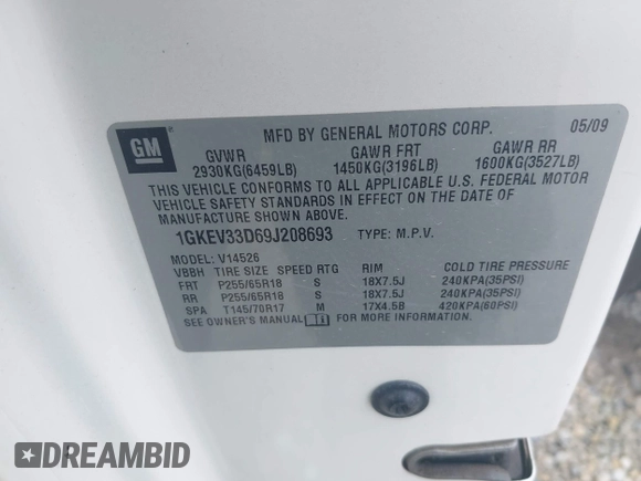 2009 GMC Acadia SLT2 with VIN 1GKEV33D69J208693, listed as a IAAI auction lot 42502300 with Not provided miles and . Bid and sale history available at DreamBid. Image 9.