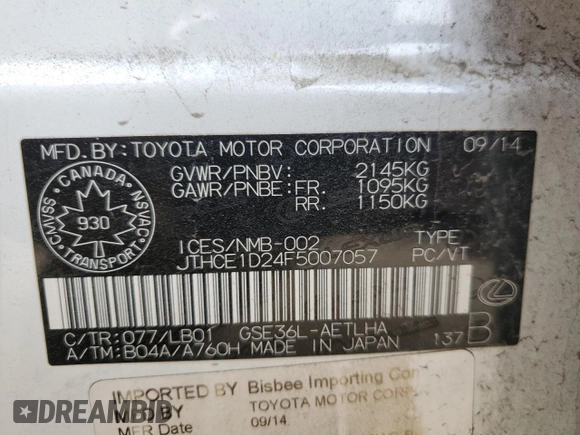 2015 Lexus IS 350 with VIN JTHCE1D24F5007057, listed as a Copart auction lot 41545335 with 73,871 mi miles and Salvage Title. Bid and sale history available at DreamBid. Image 12.