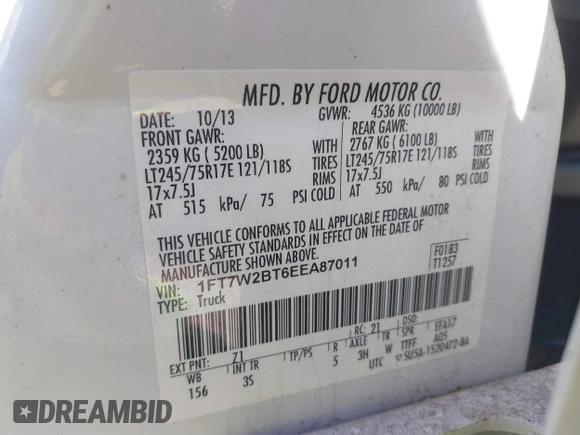 2014 Ford Super Duty F-250 SRW XL with VIN 1FT7W2BT6EEA87011, listed as a IAAI auction lot 41695220 with 130,299 mi miles. Bid and sale history available at carsss.com. Image 9.