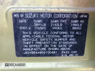 2013 Suzuki SX4 with VIN JS2YB5A48D6100481, listed as a Copart auction lot 46864645 with 98,852 mi miles and Salvage Title. Bid and sale history available at DreamBid. Image 12.