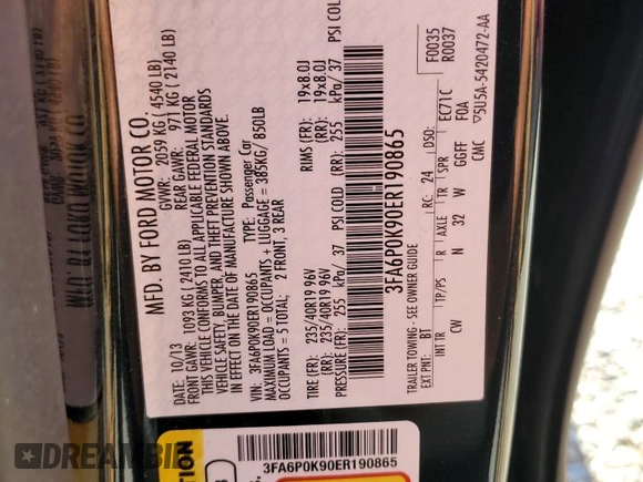 2014 Ford Fusion Titanium with VIN 3FA6P0K90ER190865, listed as a Copart auction lot 52861805 with 94,467 mi miles and Salvage Title. Bid and sale history available at carsss.com. Image 12.