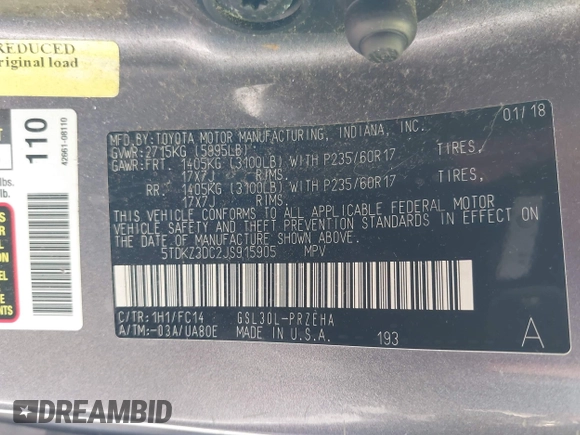 2018 Toyota Sienna LE Auto Access Seat with VIN 5TDKZ3DC2JS915905, listed as a IAAI auction lot 42027300 with 174,770 mi miles. Bid and sale history available at carsss.com. Image 9.