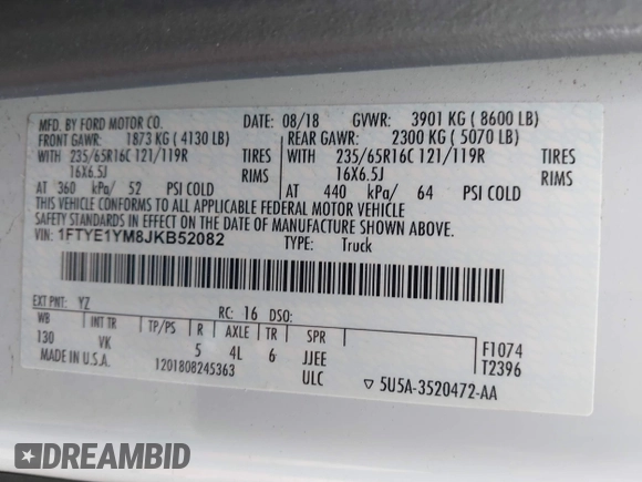 2018 Ford Transit with VIN 1FTYE1YM8JKB52082, listed as a IAAI auction lot 42098033 with 243,181 mi miles. Bid and sale history available at carsss.com. Image 9.