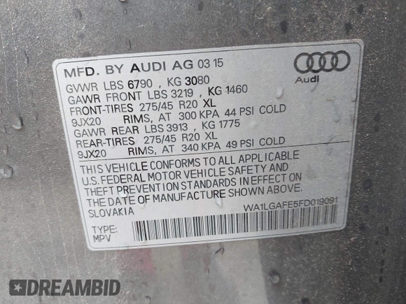 2015 Audi Q7 Premium Plus with VIN WA1LGAFE5FD019091, listed as a IAAI auction lot 42484106 with 140,999 mi miles and . Bid and sale history available at DreamBid. Image 9.