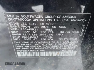 2022 Volkswagen Atlas SEL Premium R-Line with VIN 1V2FE2CA4NC221469, listed as a IAAI auction lot 41236003 with 57,017 mi miles and . Bid and sale history available at DreamBid. Image 9.