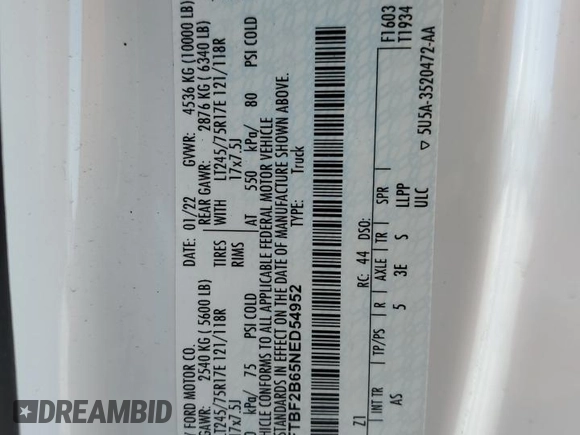 2022 Ford F-250 XL z VIN 1FTBF2B65NED54952, wystawiony jako Copart lot #58502015 z przebiegiem 19 780 mil mil oraz Szkoda całkowita • Salvage title. Historia ofert i sprzedaży dostępna na DreamBid. Obrazek 13.