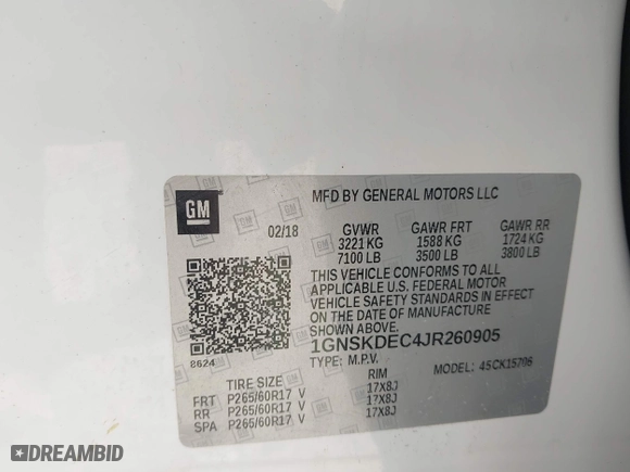 2018 Chevrolet Tahoe Commercial with VIN 1GNSKDEC4JR260905, listed as a IAAI auction lot 42085052 with 139,264 mi miles. Bid and sale history available at carsss.com. Image 9.