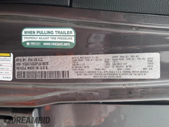 2023 Jeep Gladiator Freedom с VIN 1C6HJTAG2PL519578, выставлен на аукционе Copart как лот 53011865 с пробегом 41 914 миль миль и Списание • Salvage title. История ставок и продаж доступна на DreamBid. Изображение 15.