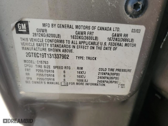 2003 GMC Sierra 1500 SLE with VIN 2GTEC19T131337902, listed as a Copart auction lot 50697915 with 205,691 mi miles and Salvage Title. Bid and sale history available at carsss.com. Image 12.