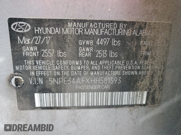 2017 Hyundai Sonata Sport with VIN 5NPE34AFXHH581593, listed as a Copart auction lot 41875105 with 63,760 mi miles and Salvage Title. Bid and sale history available at carsss.com. Image 13.