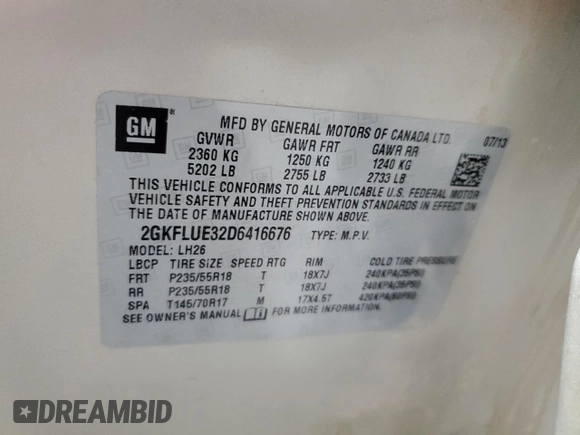 2013 GMC Terrain SLT with VIN 2GKFLUE32D6416676, listed as a Copart auction lot 42205835 with 67,884 mi miles and Salvage Title. Bid and sale history available at carsss.com. Image 13.