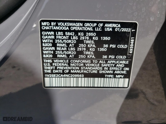 2022 Volkswagen Atlas Cross Sport 3.6L V6 SEL R-Line with VIN 1V2SE2CA4NC209563, listed as a Copart auction lot 46765634 with 35,817 mi miles and Salvage Title. Bid and sale history available at carsss.com. Image 13.