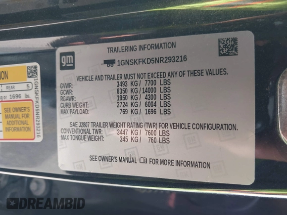 2022 Chevrolet Suburban Premier with VIN 1GNSKFKD5NR293216, listed as a IAAI auction lot 41778432 with 76,471 mi miles. Bid and sale history available at carsss.com. Image 9.