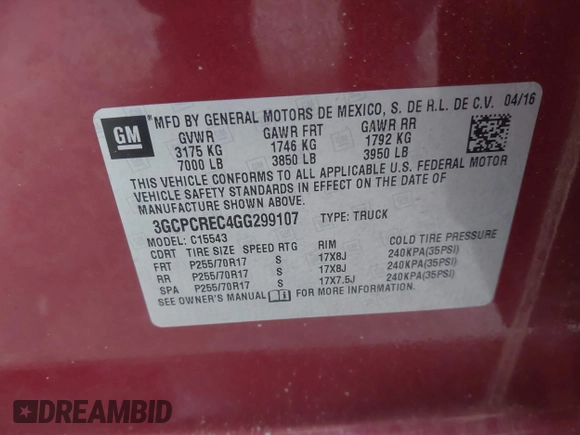 2016 Chevrolet Silverado 1500 LT with VIN 3GCPCREC4GG299107, listed as a IAAI auction lot 41770067 with 125,481 mi miles and . Bid and sale history available at DreamBid. Image 9.