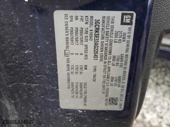 2010 Chevrolet Silverado 1500 LT with VIN 3GCRKSE33AG226451, listed as a Copart auction lot 50606885 with 91,743 mi miles and Salvage Title. Bid and sale history available at carsss.com. Image 12.