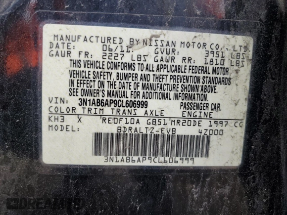 2012 Nissan Sentra S with VIN 3N1AB6AP9CL606999, listed as a Copart auction lot 52745775 with 172,568 mi miles and Salvage Title. Bid and sale history available at DreamBid. Image 14.