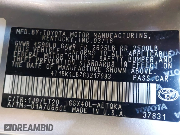 2016 Toyota Avalon Limited with VIN 4T1BK1EB7GU217983, listed as a IAAI auction lot 41445904 with 93,715 mi miles and . Bid and sale history available at DreamBid. Image 9.