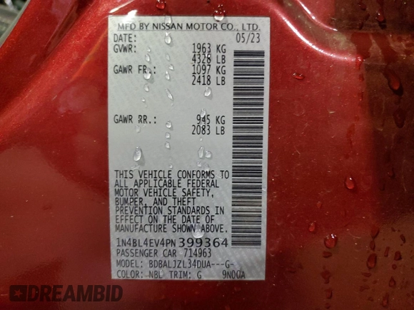 2023 Nissan Altima SL with VIN 1N4BL4EV4PN399364, listed as a Copart auction lot 51514575 with 48,370 mi miles and Non Repairable. Bid and sale history available at DreamBid. Image 13.